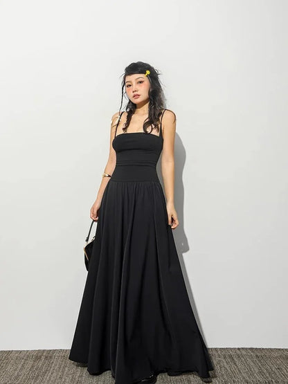 Square Neck Spaghetti Strap Fitted Waist Pleated A-Line Maxi Dress