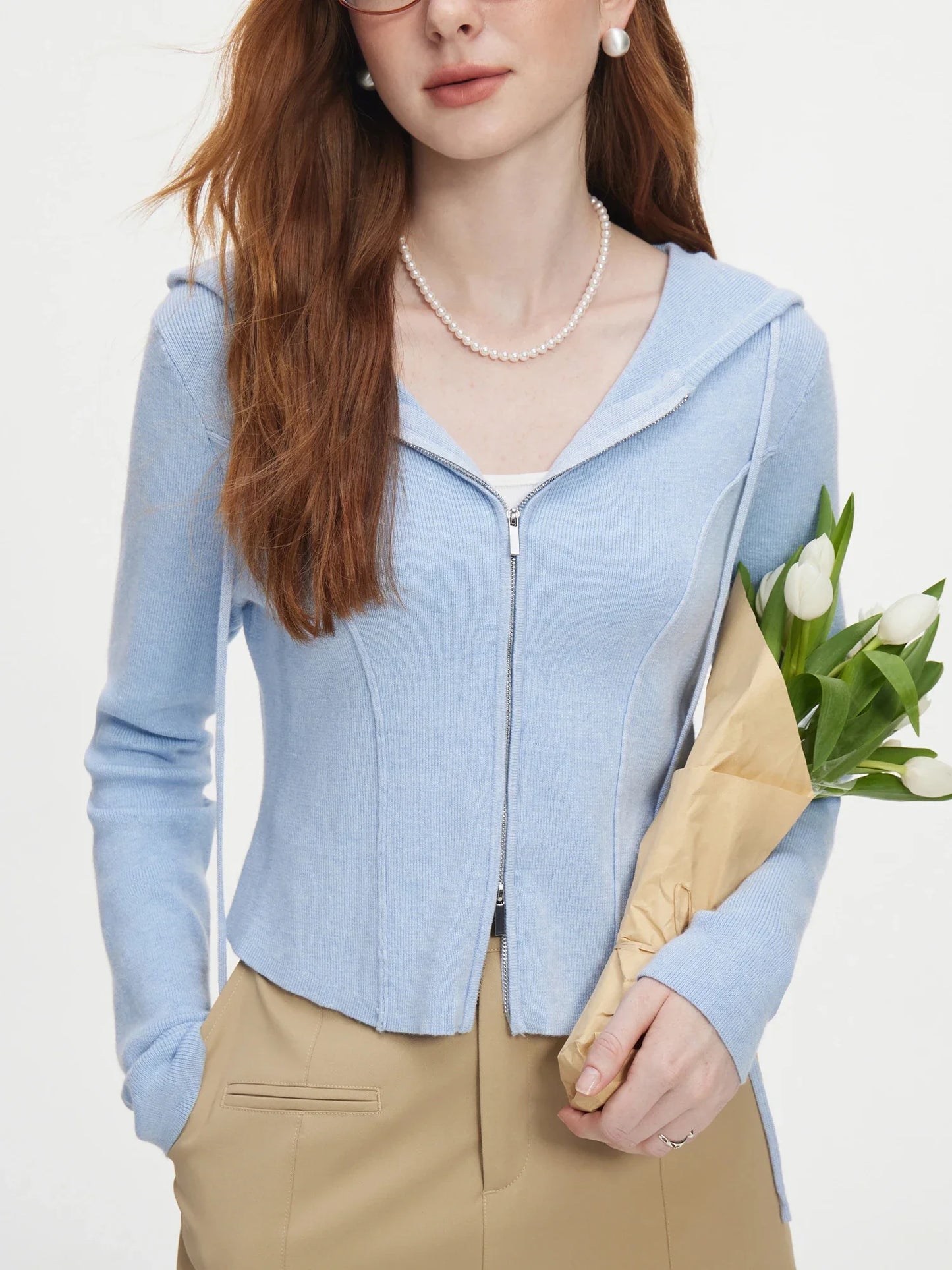 Hooded Herringbone Short Knit Cardigan