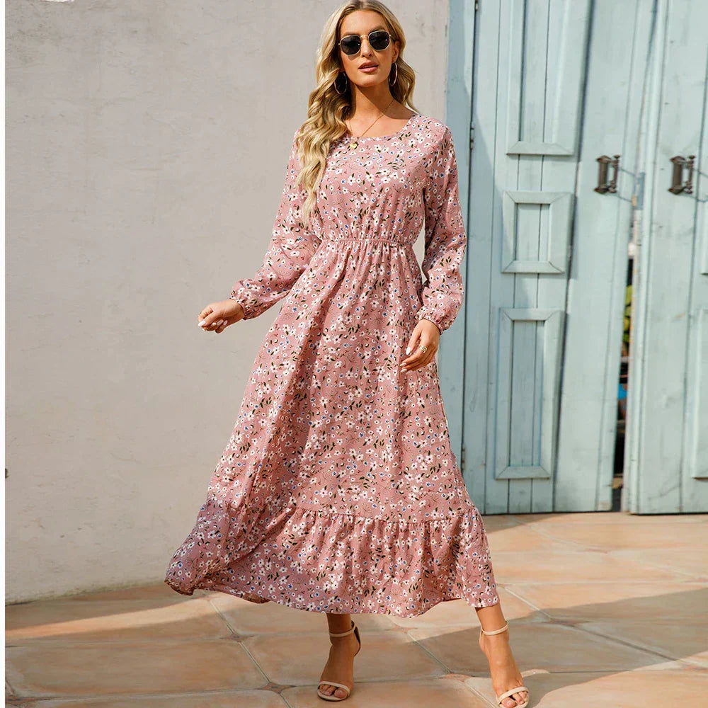 Ditsy Floral Crew Neck Lantern Sleeve Smocked Waist Ruffle Hem Maxi Dress