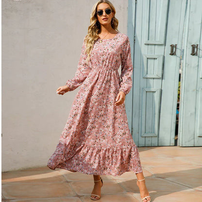 Ditsy Floral Crew Neck Lantern Sleeve Smocked Waist Ruffle Hem Maxi Dress