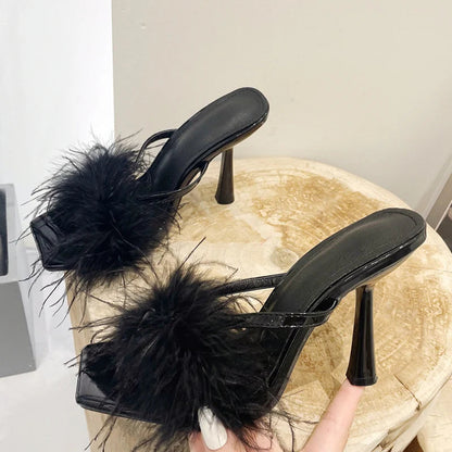 Yellow Fluffy Furry Women's High Heel Slippers Mules for Summer Fashion