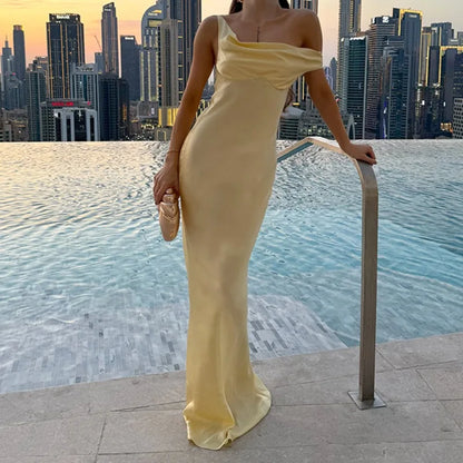 Satin One Shoulder Halter Maxi Dress