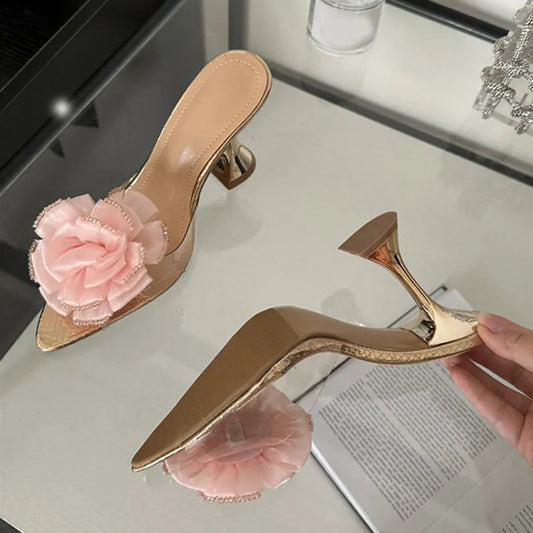 Transparent PVC Women's Fashion Flowers Pointed Toe High Heel Slippers