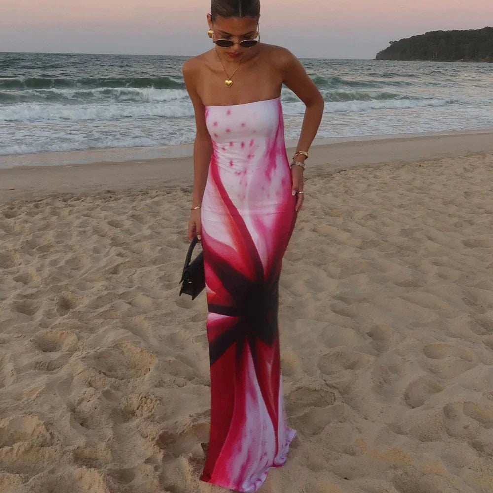 Patchwork Strapless Slim Floral Dress