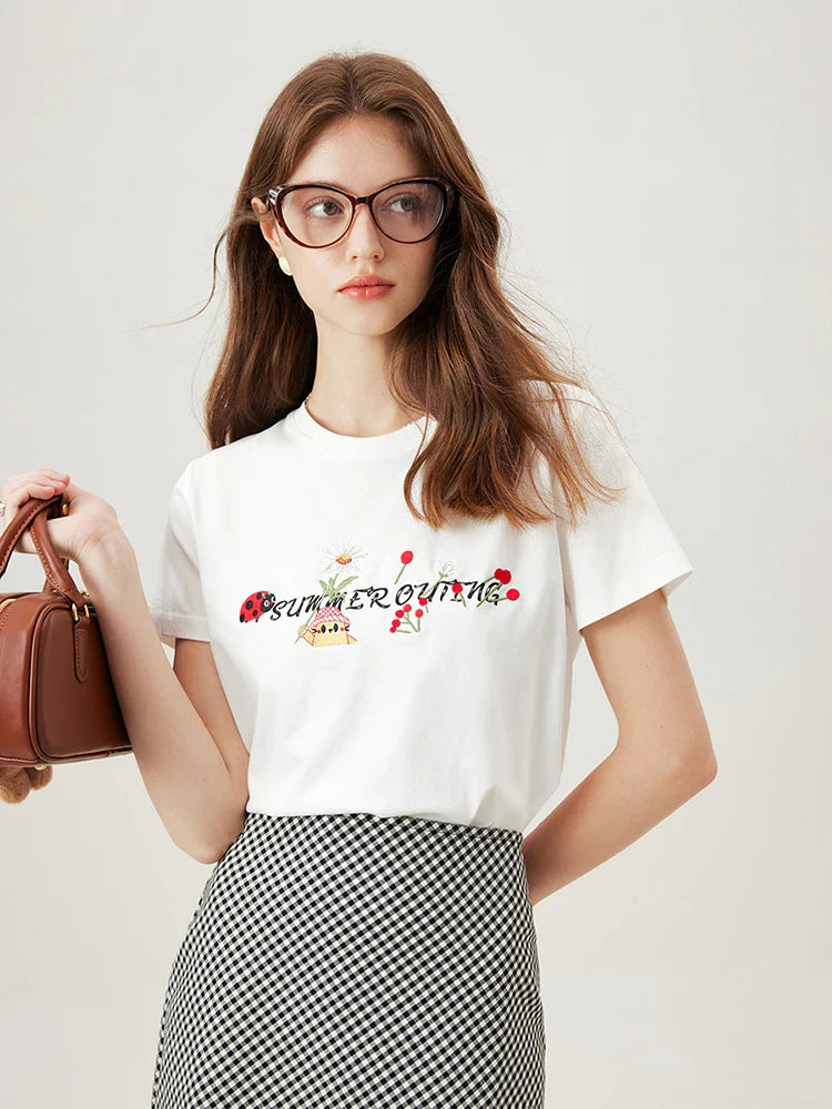 Cotton Letter Embroidery White T-shirt
