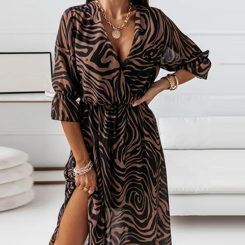 Wrap V-Neck Three Quarter Sleeve Print High Slit Maxi Dress