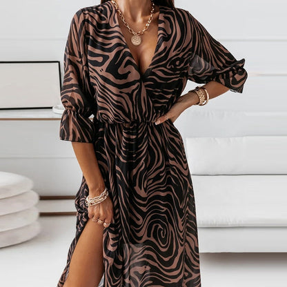 Wrap V-Neck Three Quarter Sleeve Print High Slit Maxi Dress