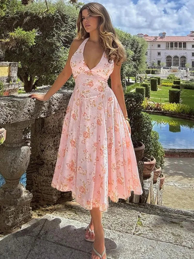 Deep V-neck Sleeveless Backless Slim Waist Vacation Dress