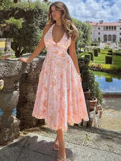 Deep V-neck Sleeveless Backless Slim Waist Vacation Dress