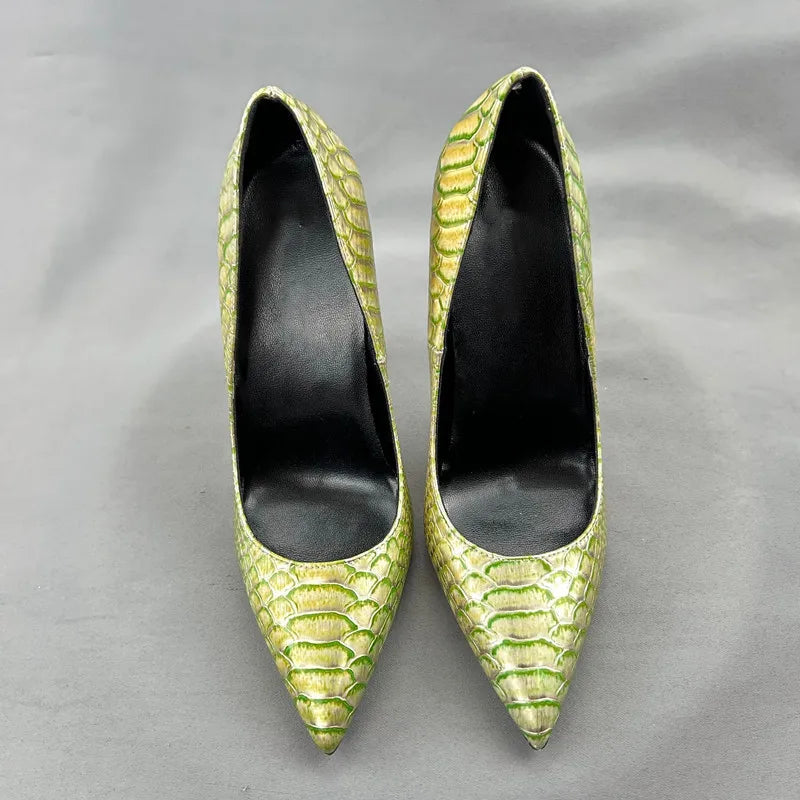 Green Gold Crocodile Effect Pointy Toe High Heel Shoes for Women