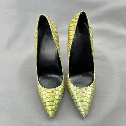 Green Gold Crocodile Effect Pointy Toe High Heel Shoes for Women