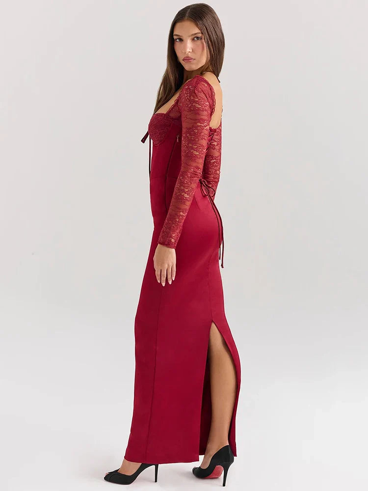 Lace-up Split Square Long Bodycon Dress