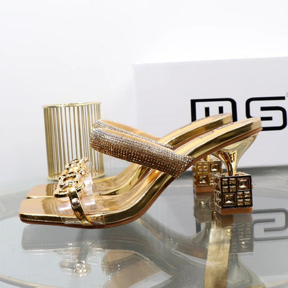 Transparent belt with metal decoration and box-shaped square Alien heel high heels