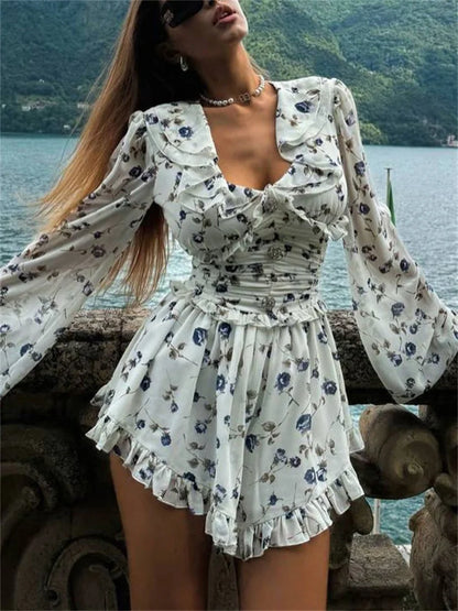 Floral Print Ruffle Collar Button Front Ruched Waist Mini Dress
