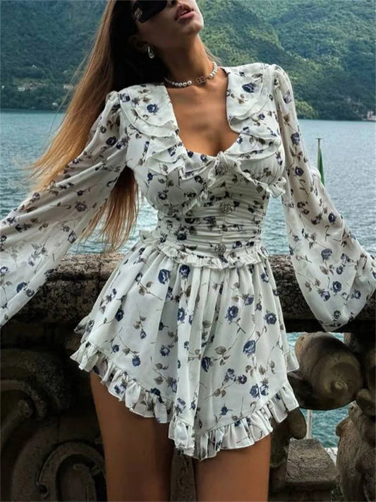 Floral Print Ruffle Collar Button Front Ruched Waist Mini Dress