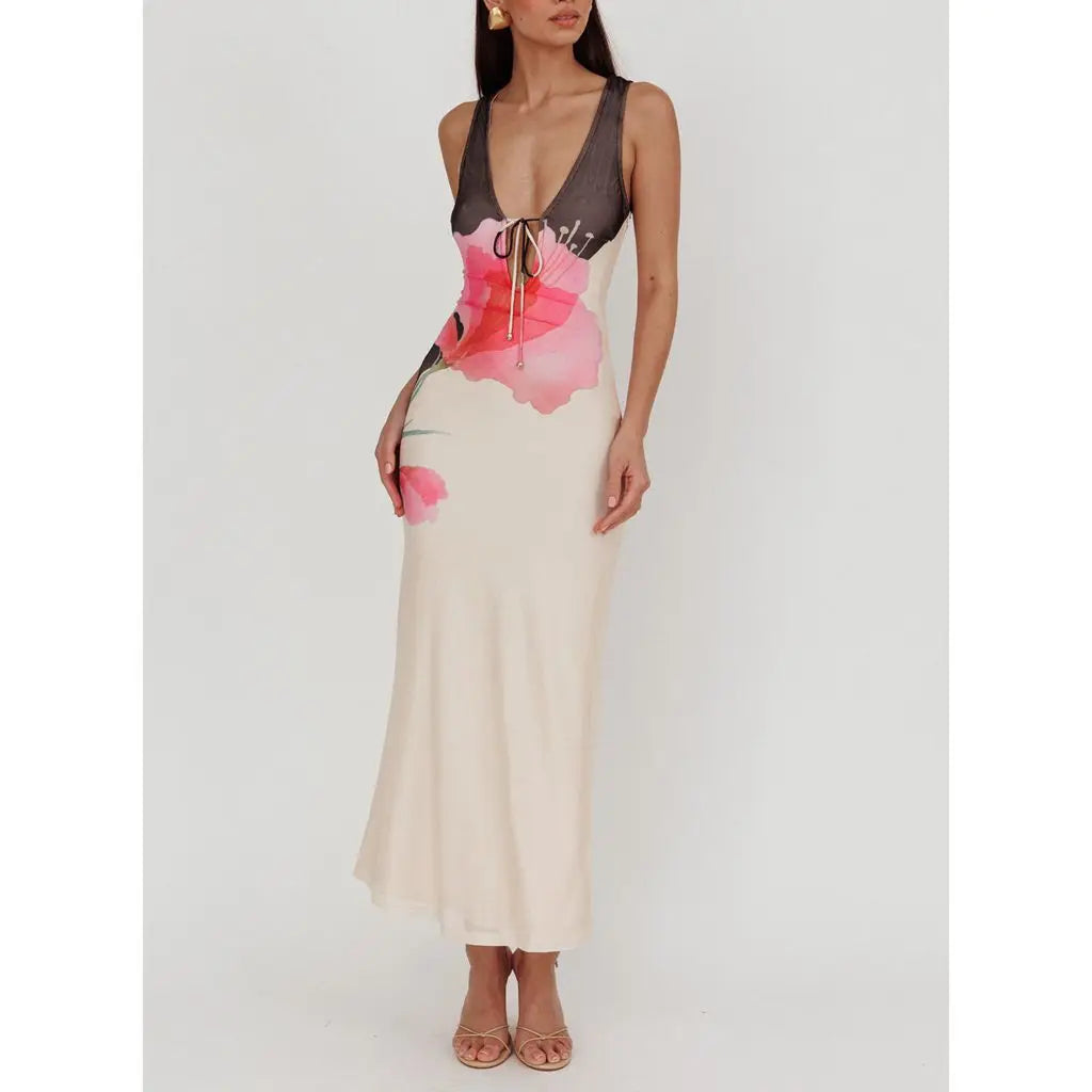 Lace-up Tie-dye Mesh Long Vacation Dress