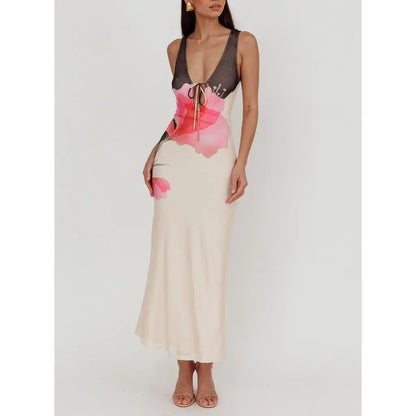 Lace-up Tie-dye Mesh Long Vacation Dress