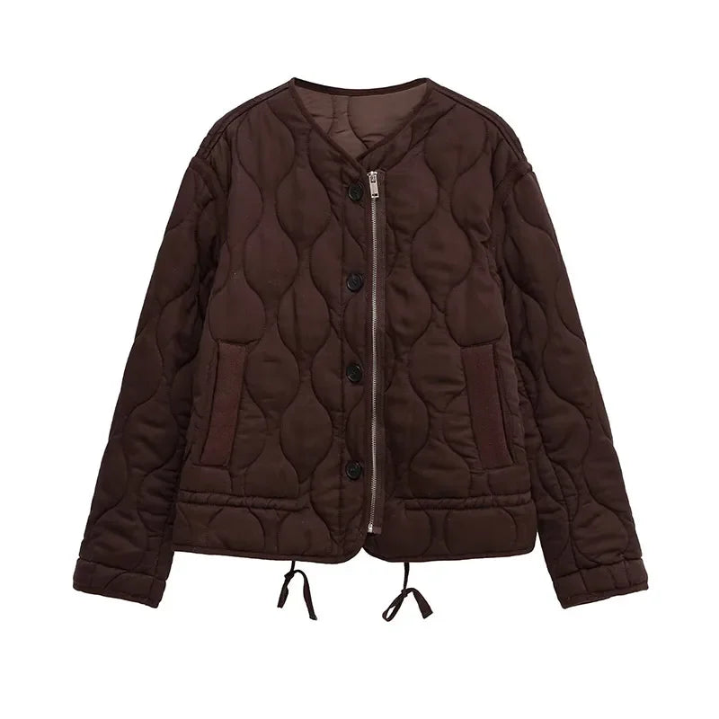 Casual Quilted Padded Jackets Women's Faionable Loose Round Neck Long Sleeve Zipper Cropped Length Outerwear Winter New