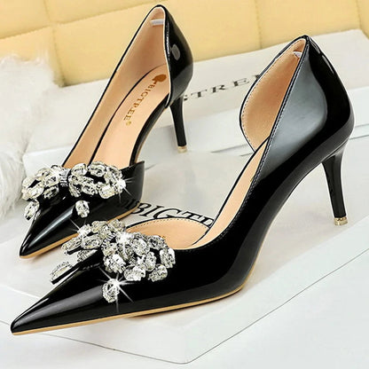 Nude Rhinestone Bowknot High Heels Patent Leather Women Pumps