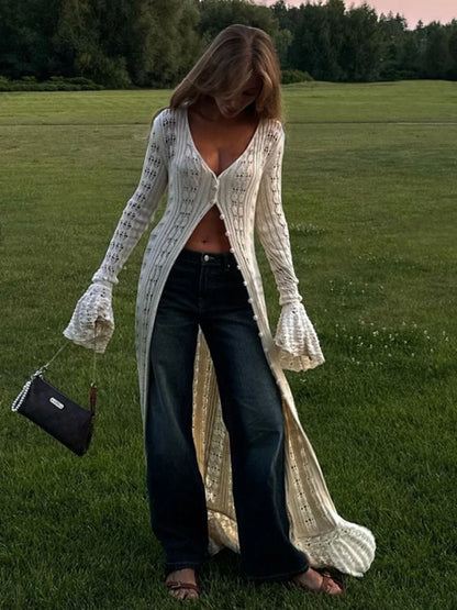 Flare Sleeve Slim Fit V Neck Knitted Boho Dress