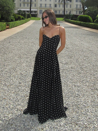 Pleated Wave Point Sling Maxi Dress