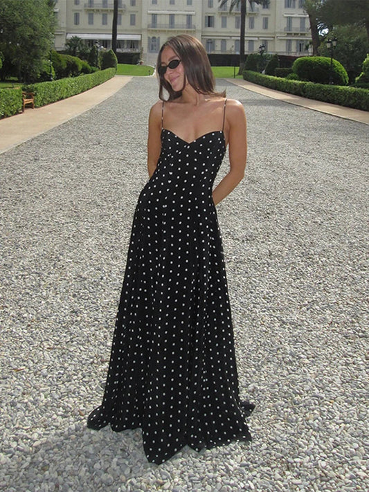 Pleated Wave Point Sling Maxi Dress