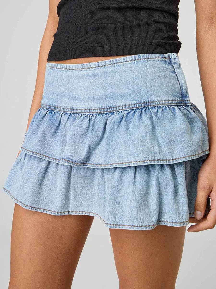 Denim Wash Ruffle A-line Mini Skirt