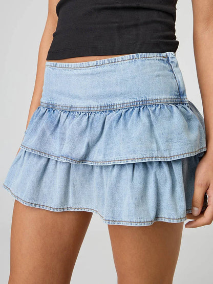 Denim Wash Ruffle A-line Mini Skirt