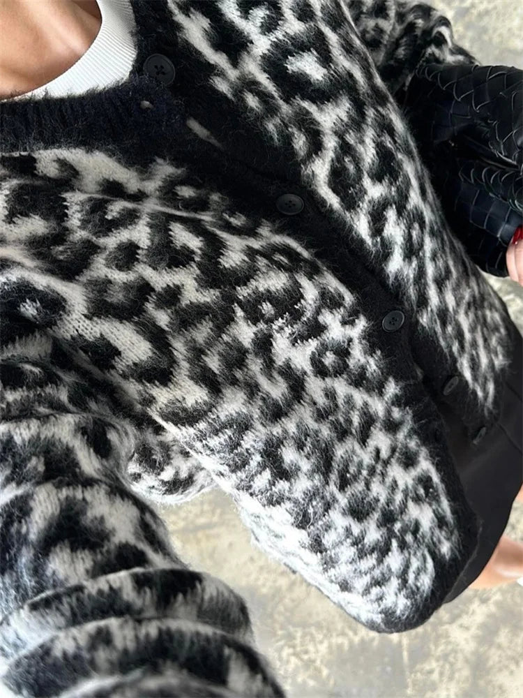 Leopard Contrast Knit Cardigan Coat