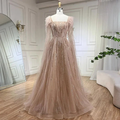 Cape Sleeves Feathers Beaded Evening Dresses