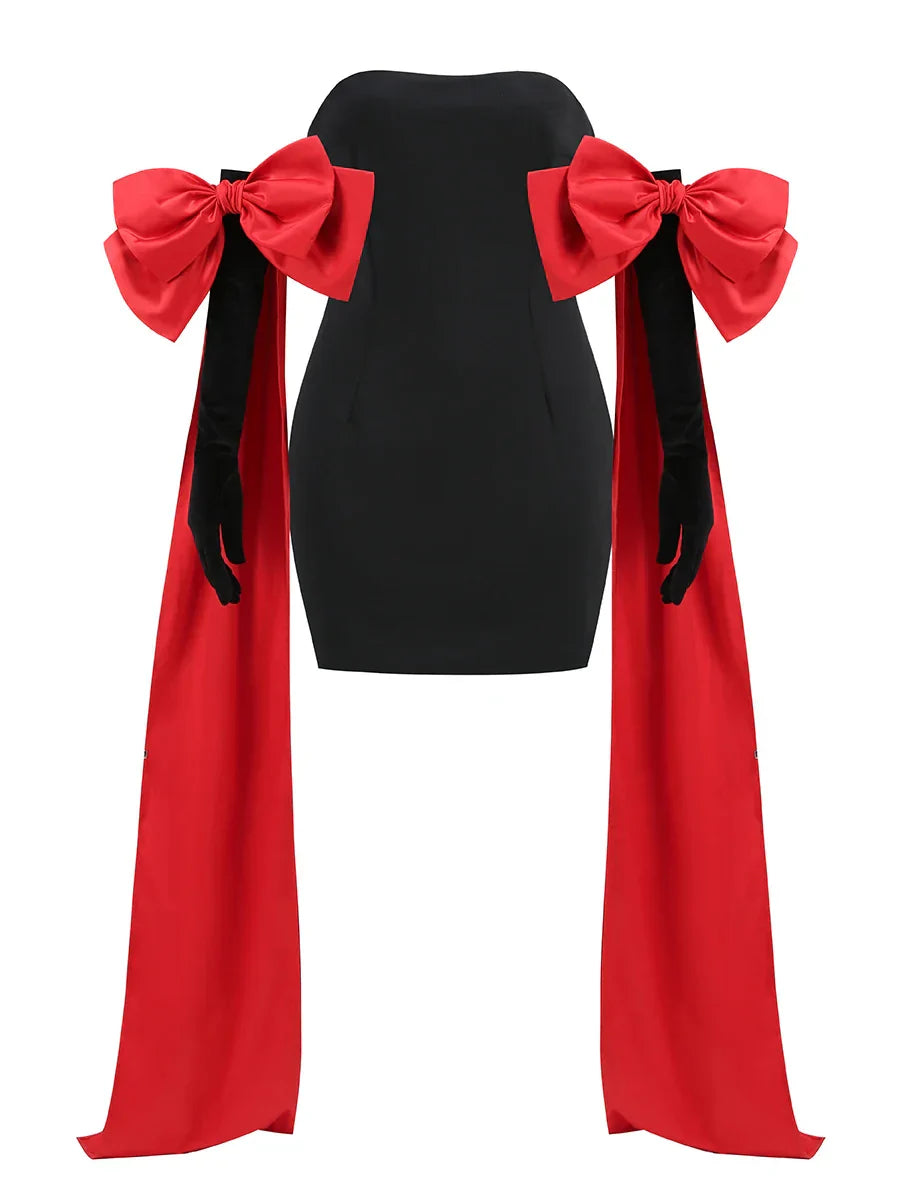 Black Tube Mini Dress With Large Red Bow Detachable Sleeves