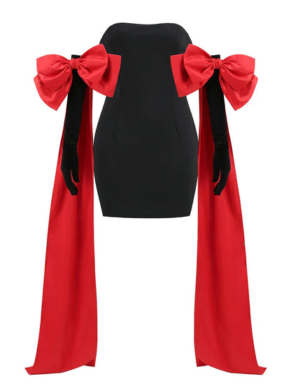 Black Tube Mini Dress With Large Red Bow Detachable Sleeves