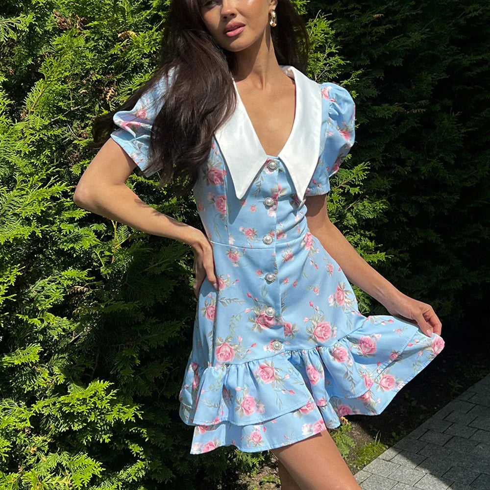Printed Ruffle V Neck Slim Mini Dress