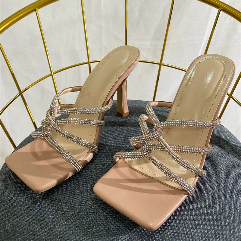 Crystal Narrow Band Square Open Toe Slides