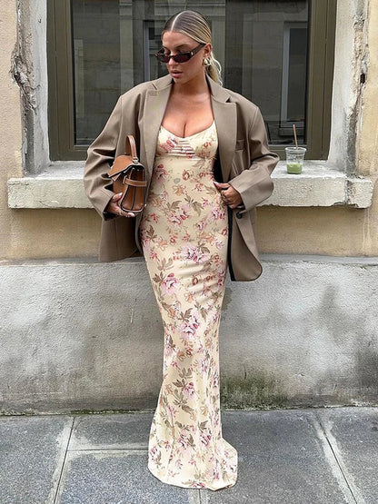 Floral Slit Suspender Plunge Maxi Dress