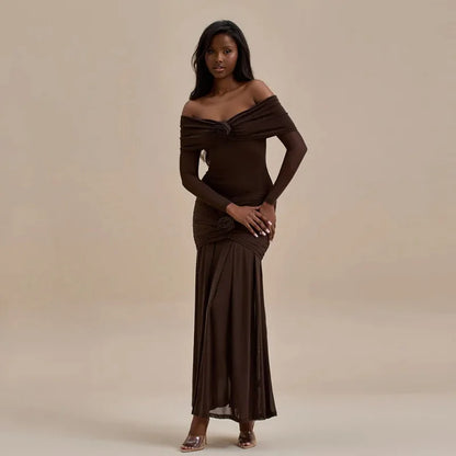 3D Flower-appliqué Mesh Long Sleeve Fishtail Maxi Dress