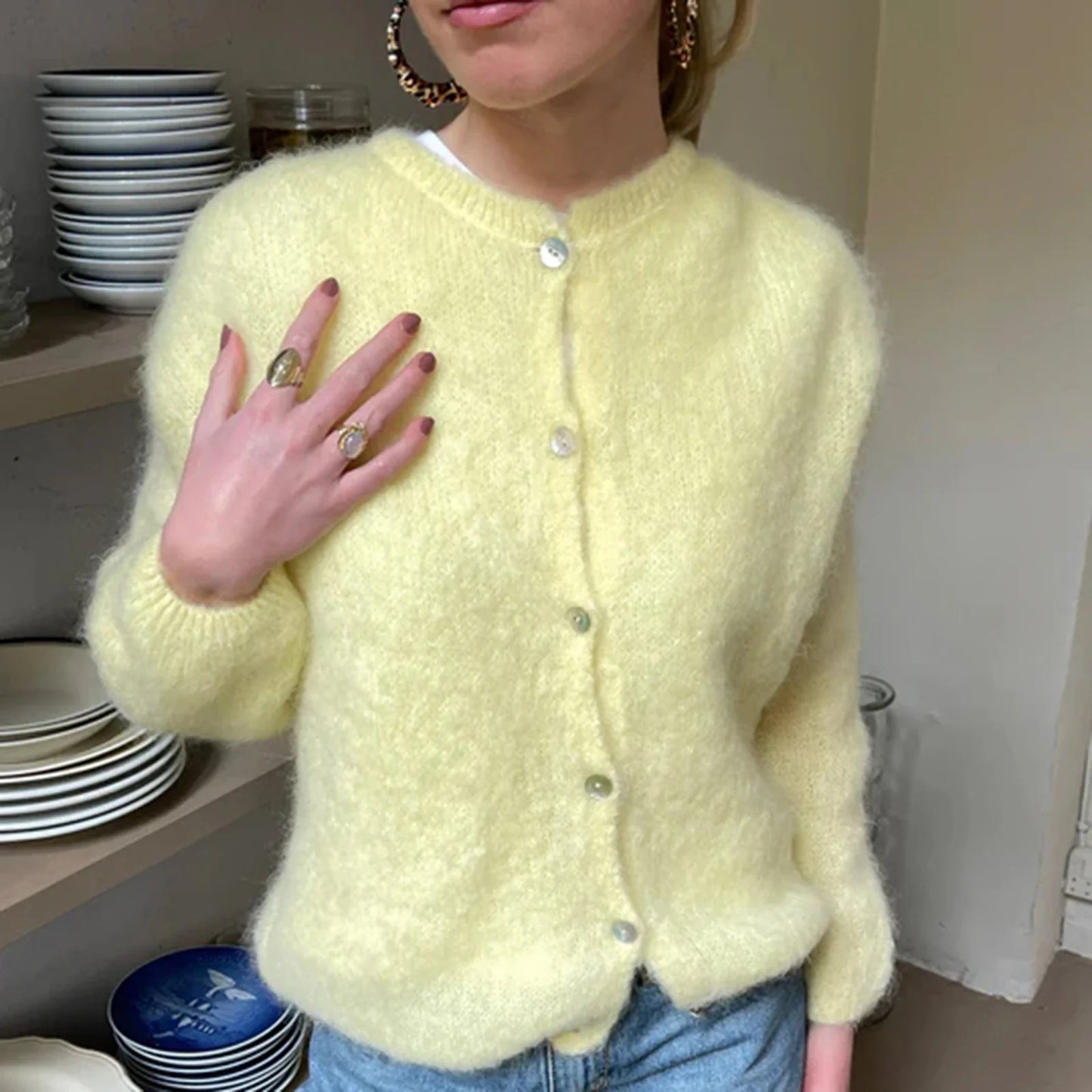 Puffy Open Front Button Knit Cardigan