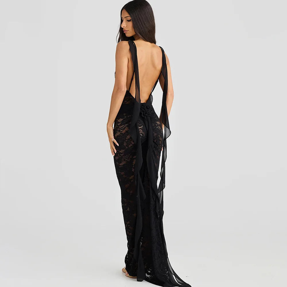 | Backless Lace Mermaid Gown with Chiffon Streamers