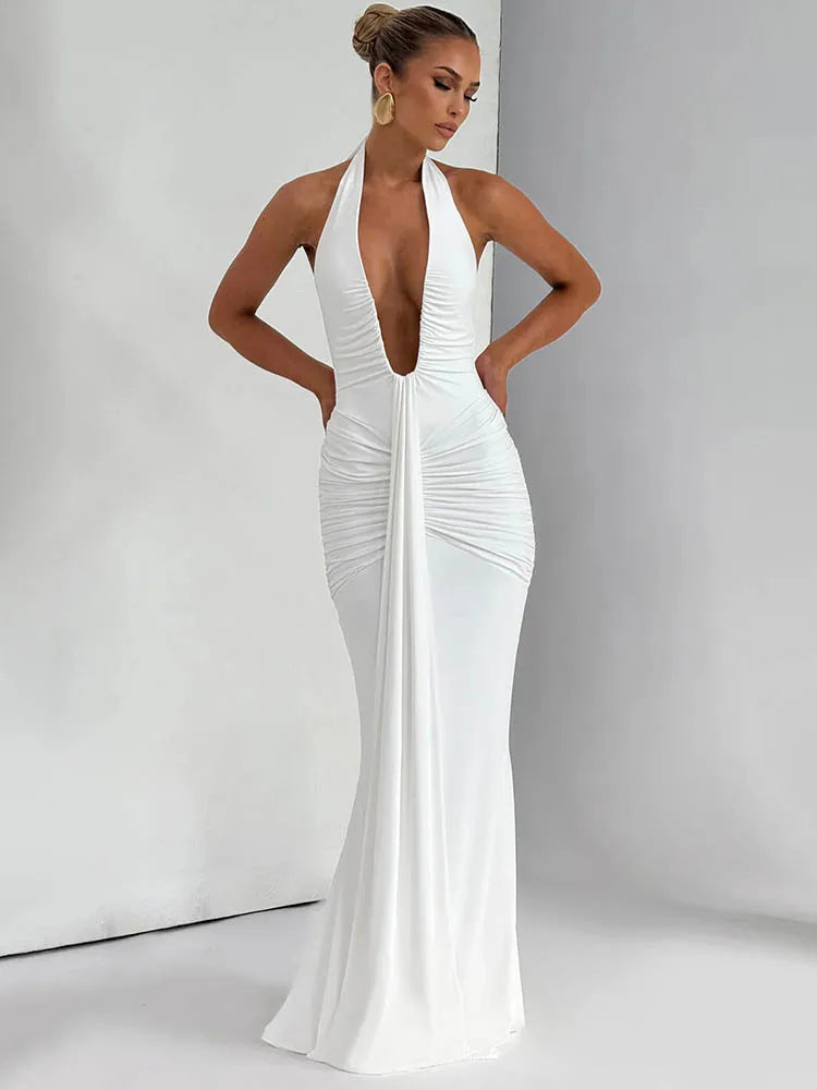 Draped Deep V Club Party Maxi Bodycon Dress