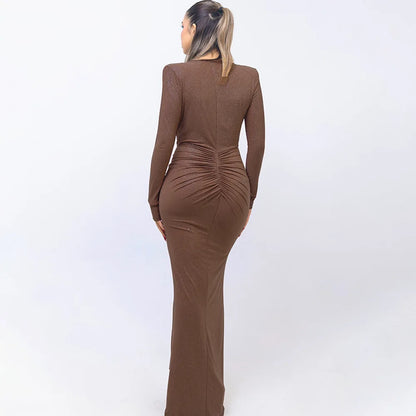 Elastic Deep V-Fold Lace Maxi Dress