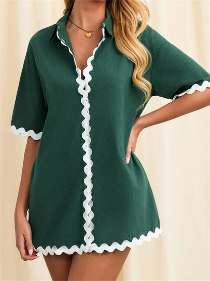 Contrast Short Sleeve Turn-Down Collar Mini Dress