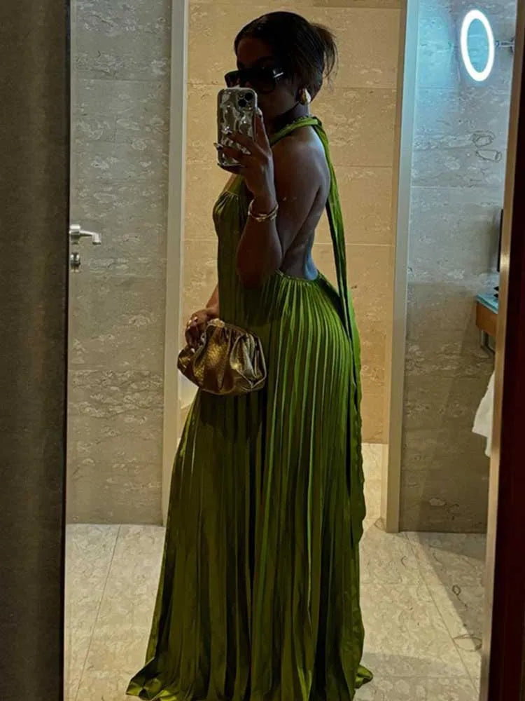 Pleated Hollow Out Halter Neck Long Dress