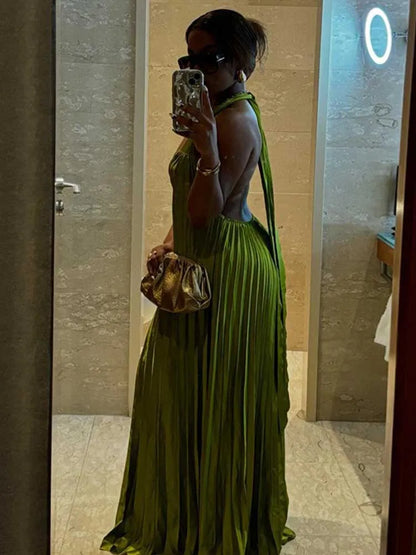 Pleated Hollow Out Halter Neck Long Dress