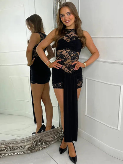 Lace Draped Ruched O Neck Bodycon Dress