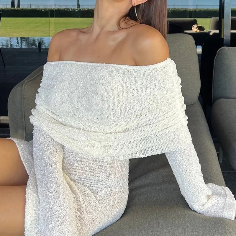 Glitter Knit Off-Shoulder Bell Sleeve Bodycon Mini Dress