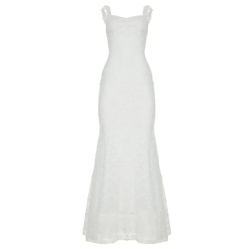 Boho Chic Women Floor-Length Fishtail Dress White Lace Elegant Sexy Sleeveless Bodycon Maxi Dress Summer Clubwear