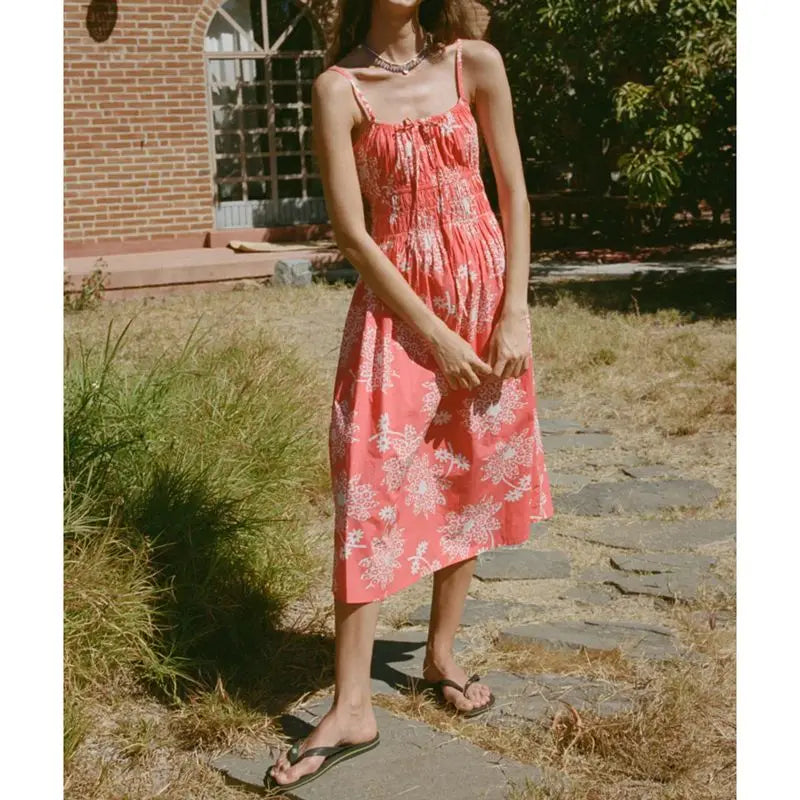 Lace-up Floral Midi Cami Vacation Dress