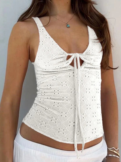 Red Lace-Up Cut-Out V-Neck Backless Cami Top