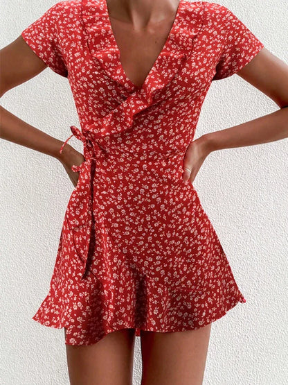 Ditsy Floral Print Wrap V-Neck Ruffle Trim Cap Sleeve Mini Dress