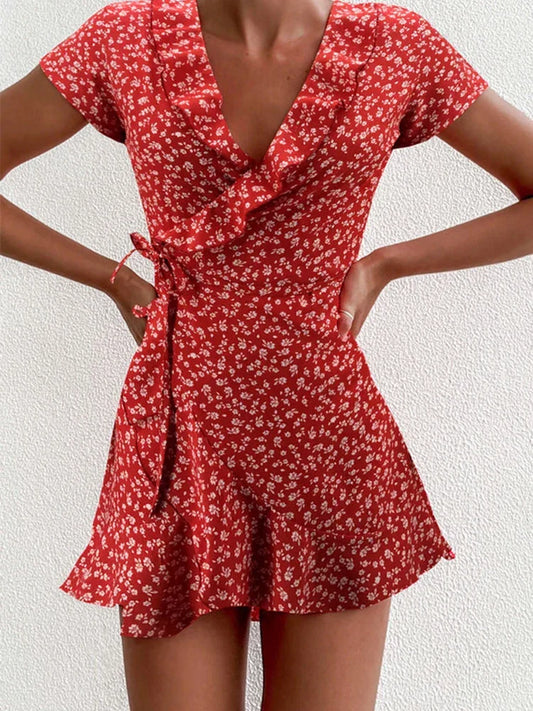Ditsy Floral Print Wrap V-Neck Ruffle Trim Cap Sleeve Mini Dress